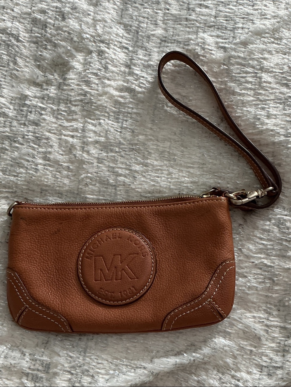 Michael Kors Cognac Leather Wristlet with Embossed MK Logo